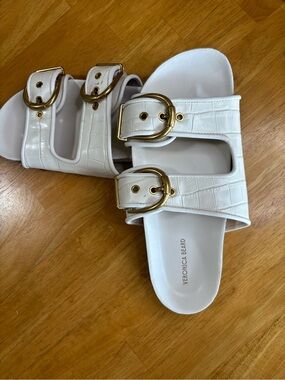 Veronica Beard White Prue Slide Sandals with Gold Buckles